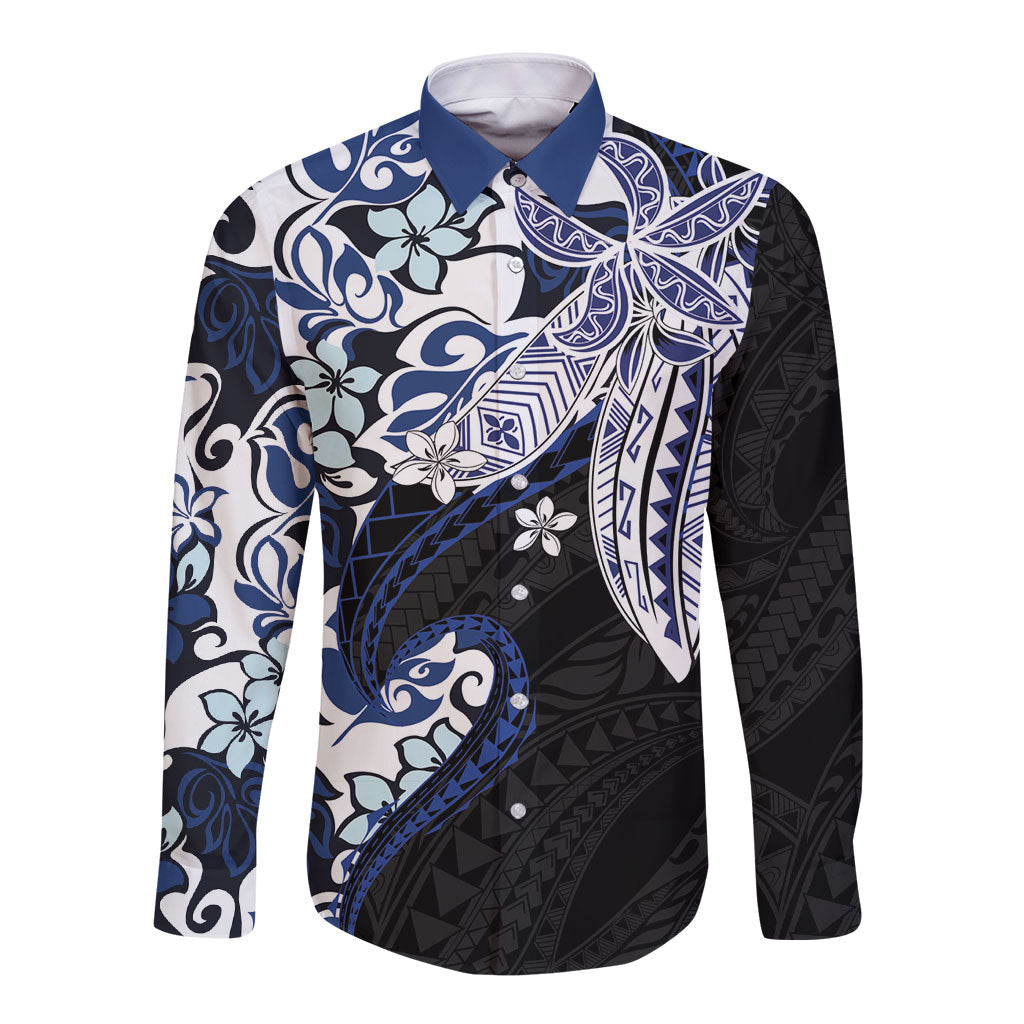 Monstera Plumeria Flowers Blue Long Sleeve Button Shirt Polynesian Pattern LT01 Unisex Blue - Polynesian Pride