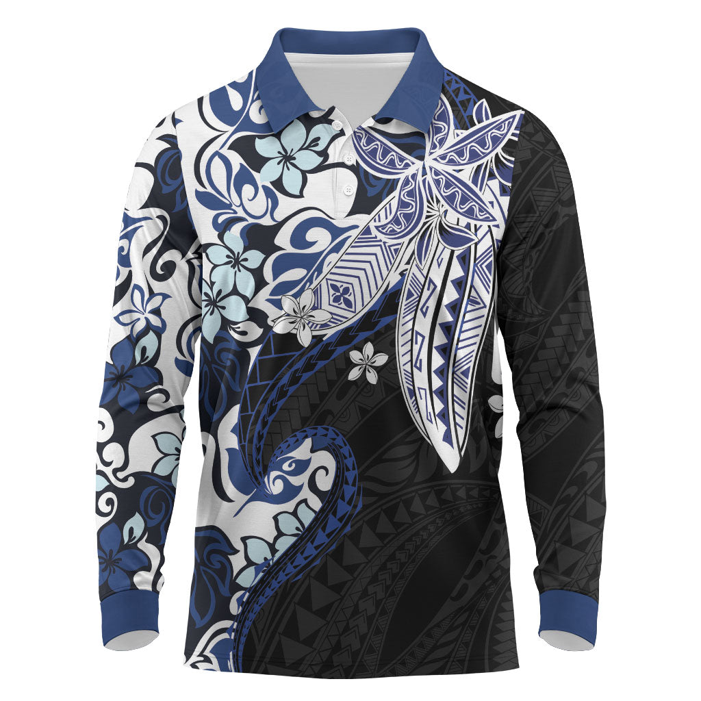 Monstera Plumeria Flowers Blue Long Sleeve Polo Shirt Polynesian Pattern LT01 Blue - Polynesian Pride
