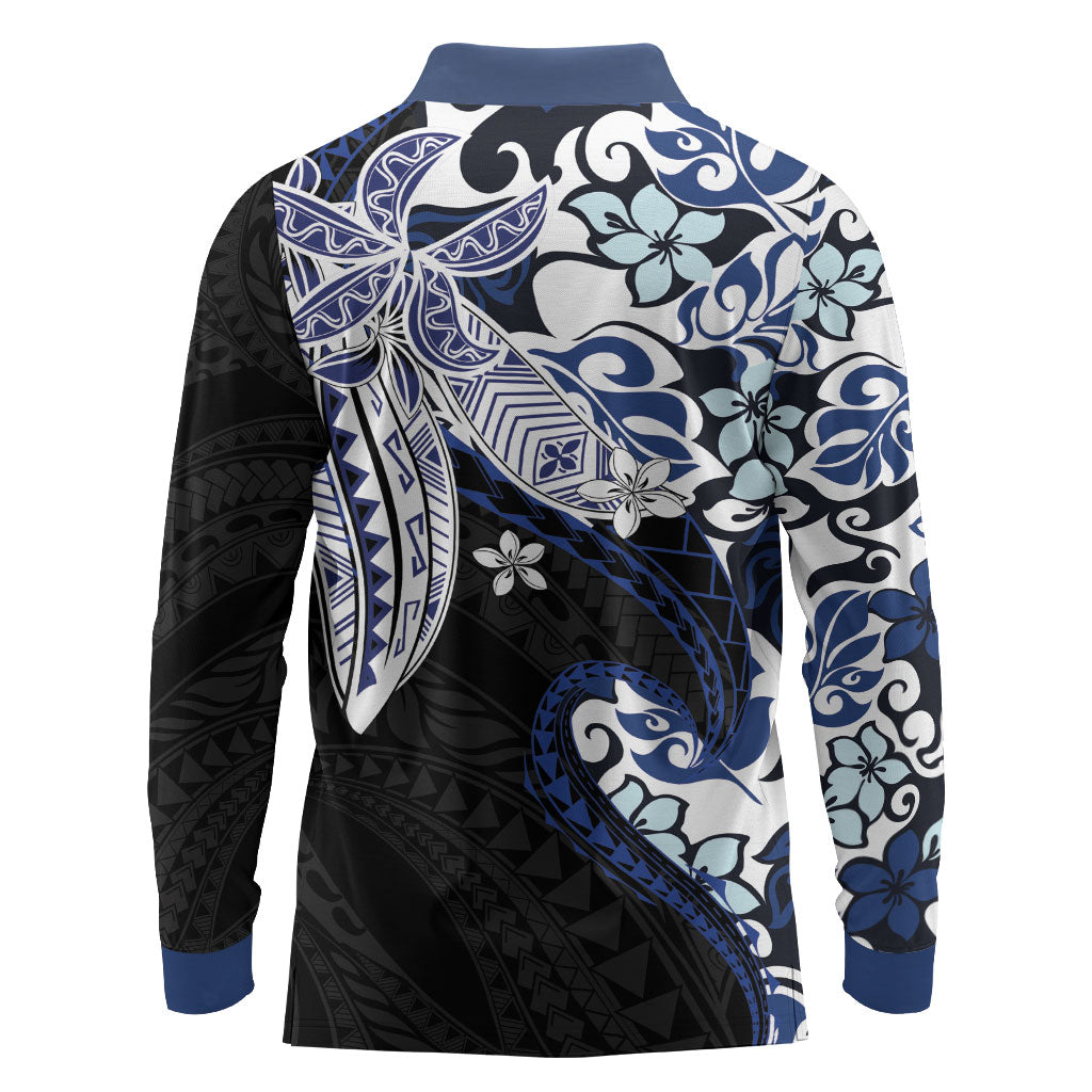 Monstera Plumeria Flowers Blue Long Sleeve Polo Shirt Polynesian Pattern LT01 - Polynesian Pride