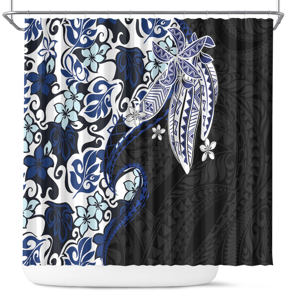 Monstera Plumeria Flowers Blue Shower Curtain Polynesian Pattern LT01 Blue - Polynesian Pride