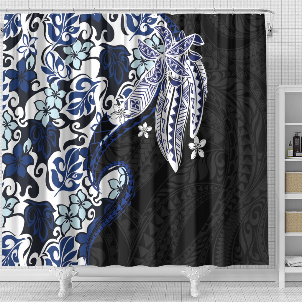 Monstera Plumeria Flowers Blue Shower Curtain Polynesian Pattern LT01 - Polynesian Pride