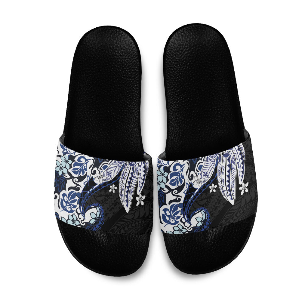 Monstera Plumeria Flowers Blue Slide Sandals Polynesian Pattern LT01 Blue - Polynesian Pride