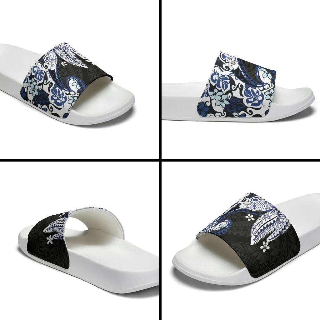 Monstera Plumeria Flowers Blue Slide Sandals Polynesian Pattern LT01 - Polynesian Pride