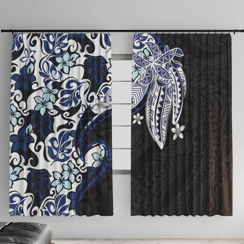 Monstera Plumeria Flowers Blue Window Curtain Polynesian Pattern LT01 With Hooks Blue - Polynesian Pride