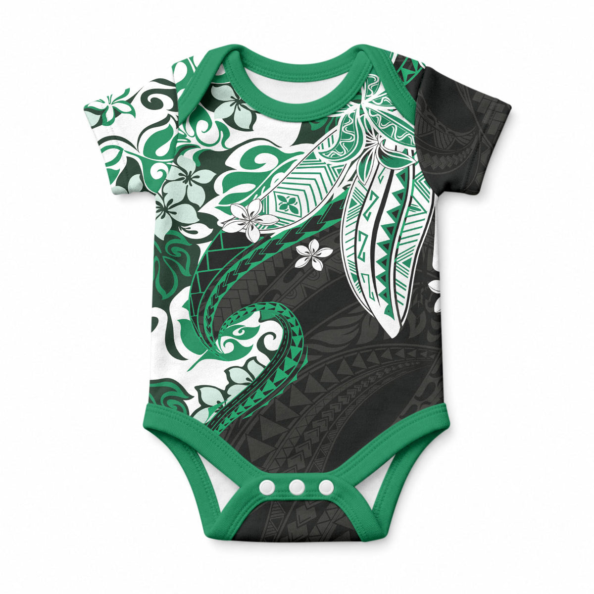 Monstera Plumeria Flowers Green Baby Onesie Polynesian Pattern