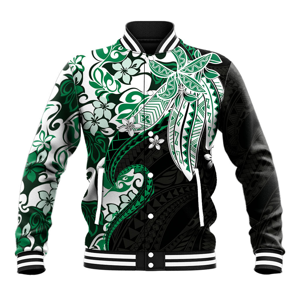 Monstera Plumeria Flowers Green Baseball Jacket Polynesian Pattern LT01 Unisex Green - Polynesian Pride