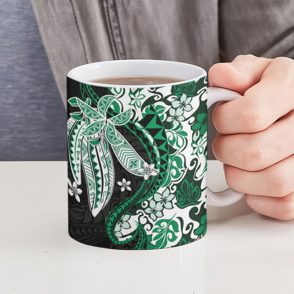 Monstera Plumeria Flowers Green Ceramic Mug Polynesian Pattern LT01 - Polynesian Pride