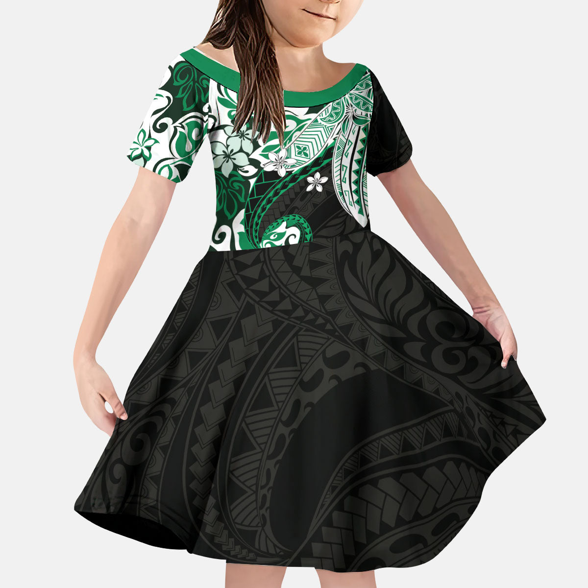 Monstera Plumeria Flowers Green Kid Short Sleeve Dress Polynesian Pattern LT01 KID Green - Polynesian Pride