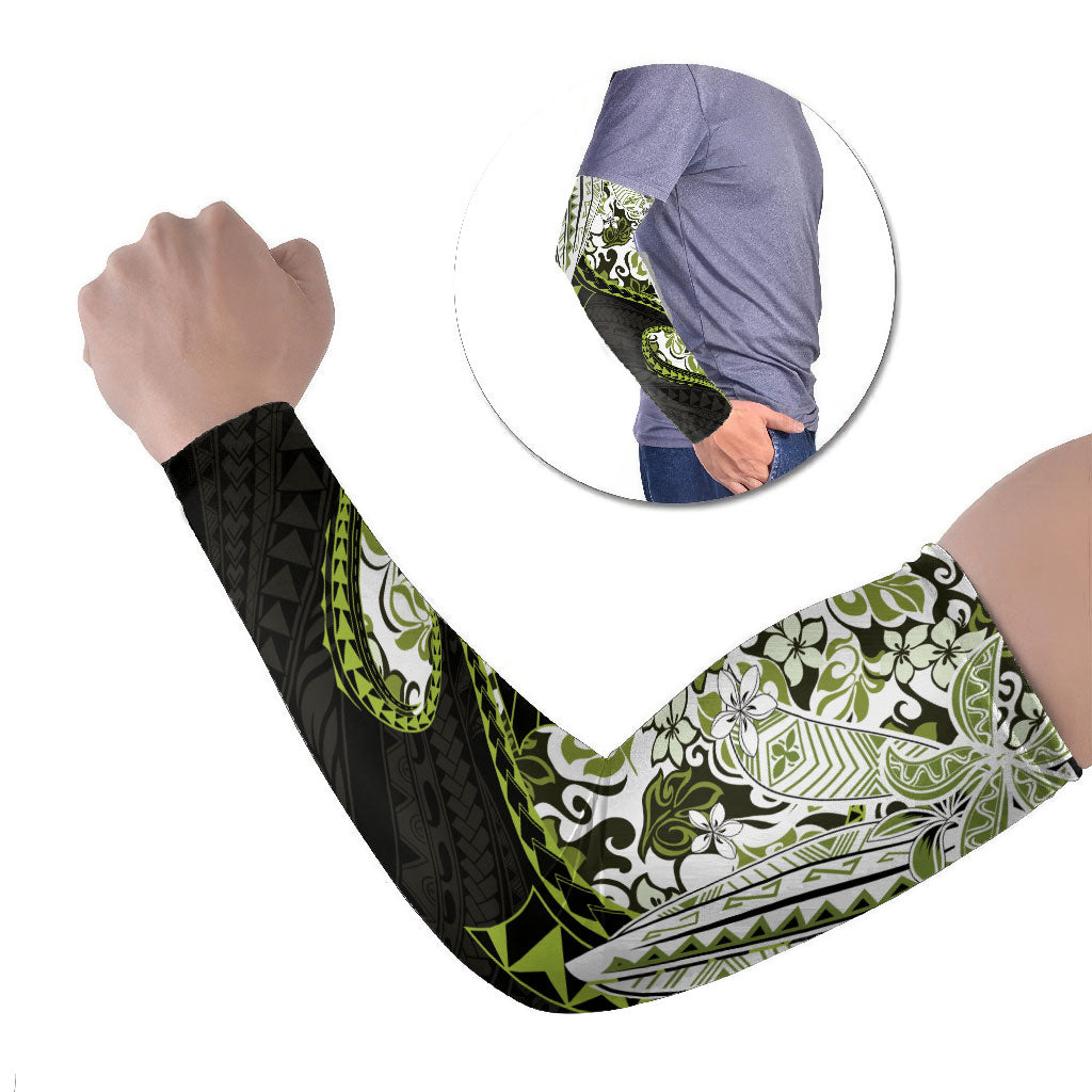 Monstera Plumeria Flowers Olive Green Arm Sleeves Polynesian Pattern LT01 Set of 2 Green - Polynesian Pride