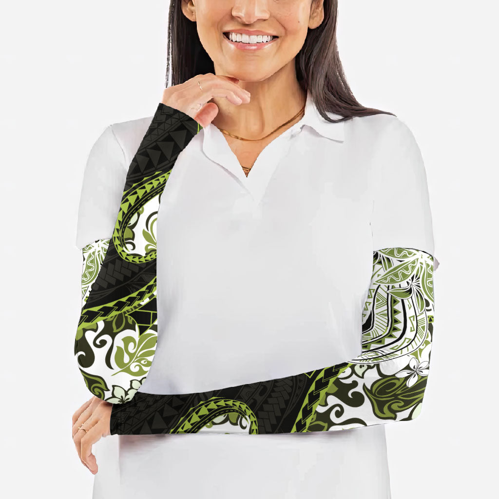Monstera Plumeria Flowers Olive Green Arm Sleeves Polynesian Pattern LT01 - Polynesian Pride