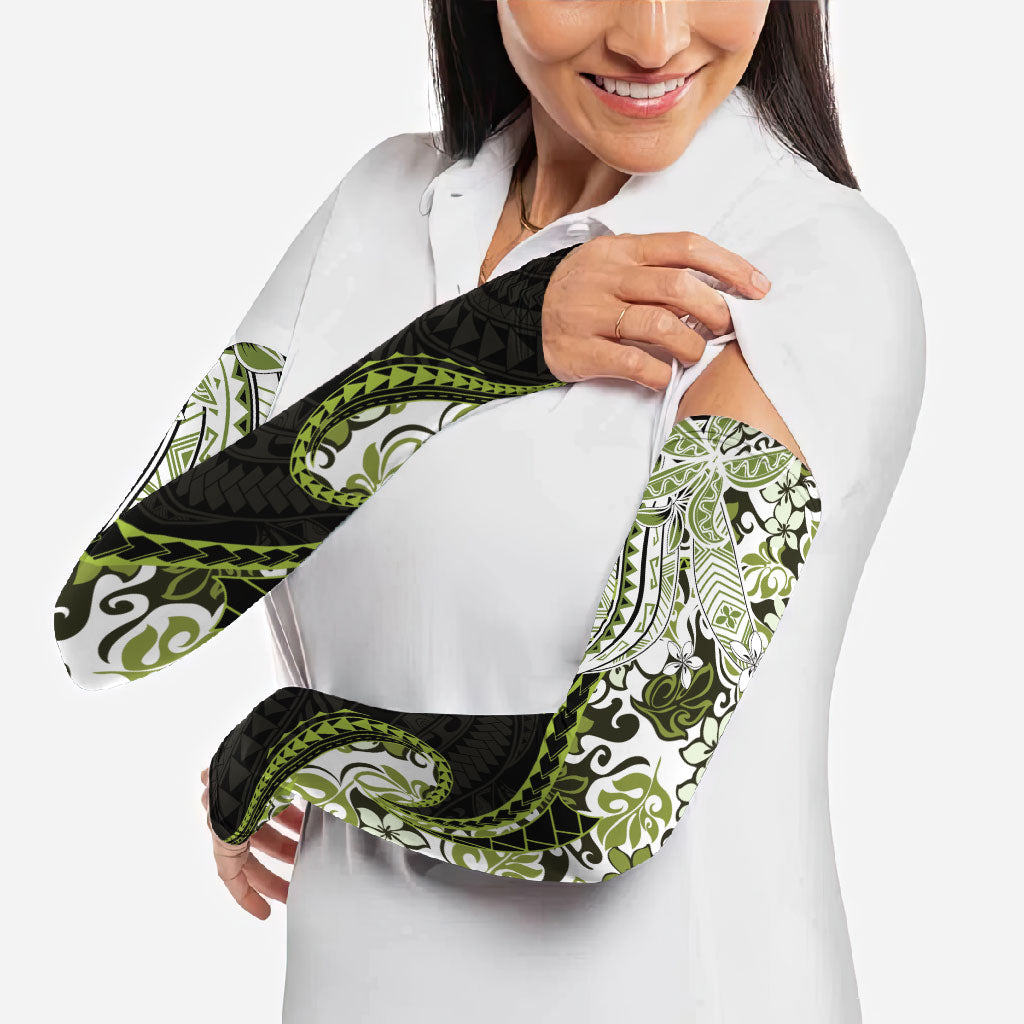 Monstera Plumeria Flowers Olive Green Arm Sleeves Polynesian Pattern LT01 - Polynesian Pride