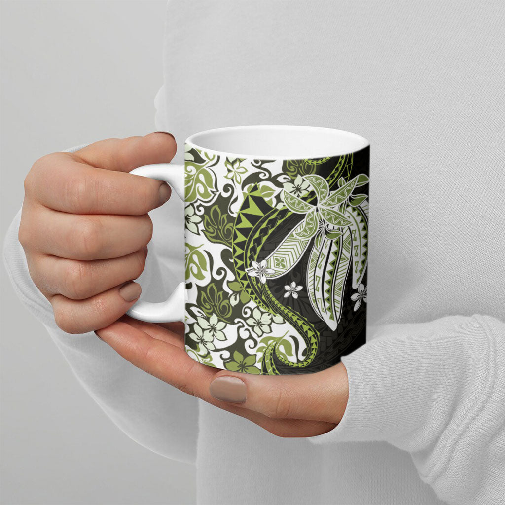 Monstera Plumeria Flowers Olive Green Ceramic Mug Polynesian Pattern LT01 - Polynesian Pride