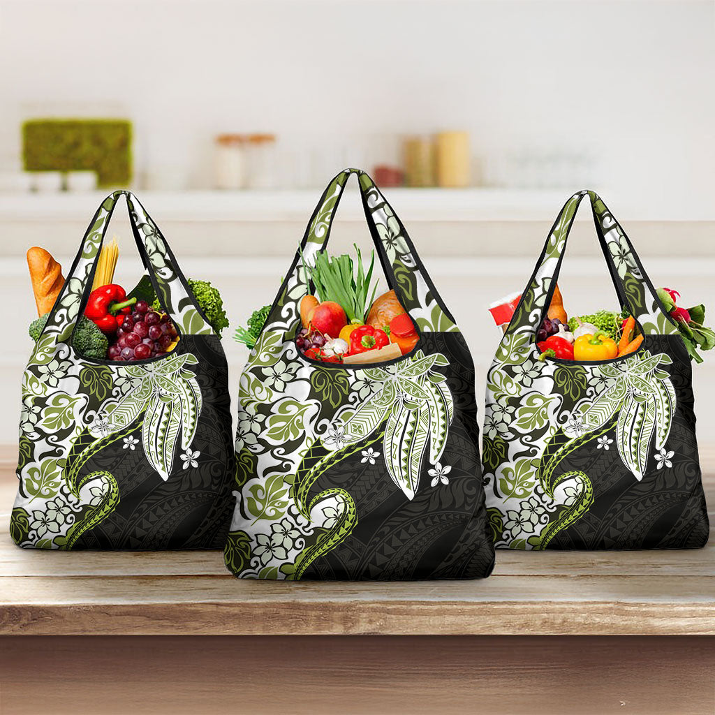 Monstera Plumeria Flowers Olive Green Grocery Bag Polynesian Pattern LT01 3-pack One Size Green - Polynesian Pride