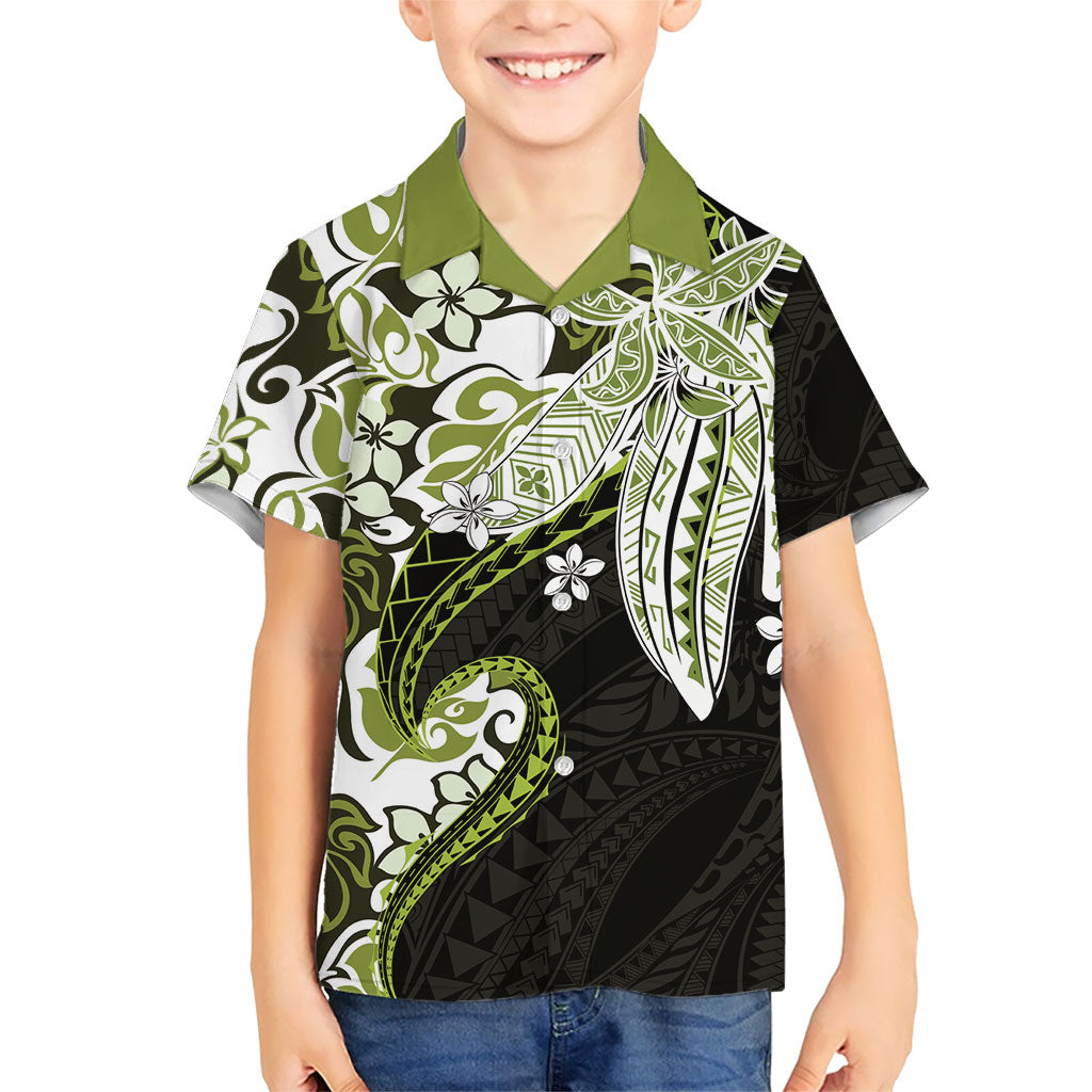 Monstera Plumeria Flowers Olive Green Kid Hawaiian Shirt Polynesian Pattern LT01 Kid Green - Polynesian Pride
