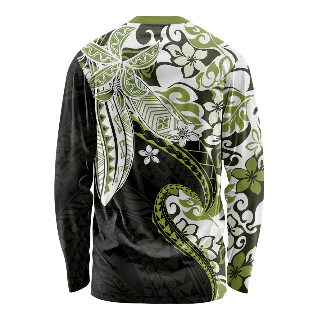 Monstera Plumeria Flowers Olive Green Long Sleeve Shirt Polynesian Pattern LT01 - Polynesian Pride