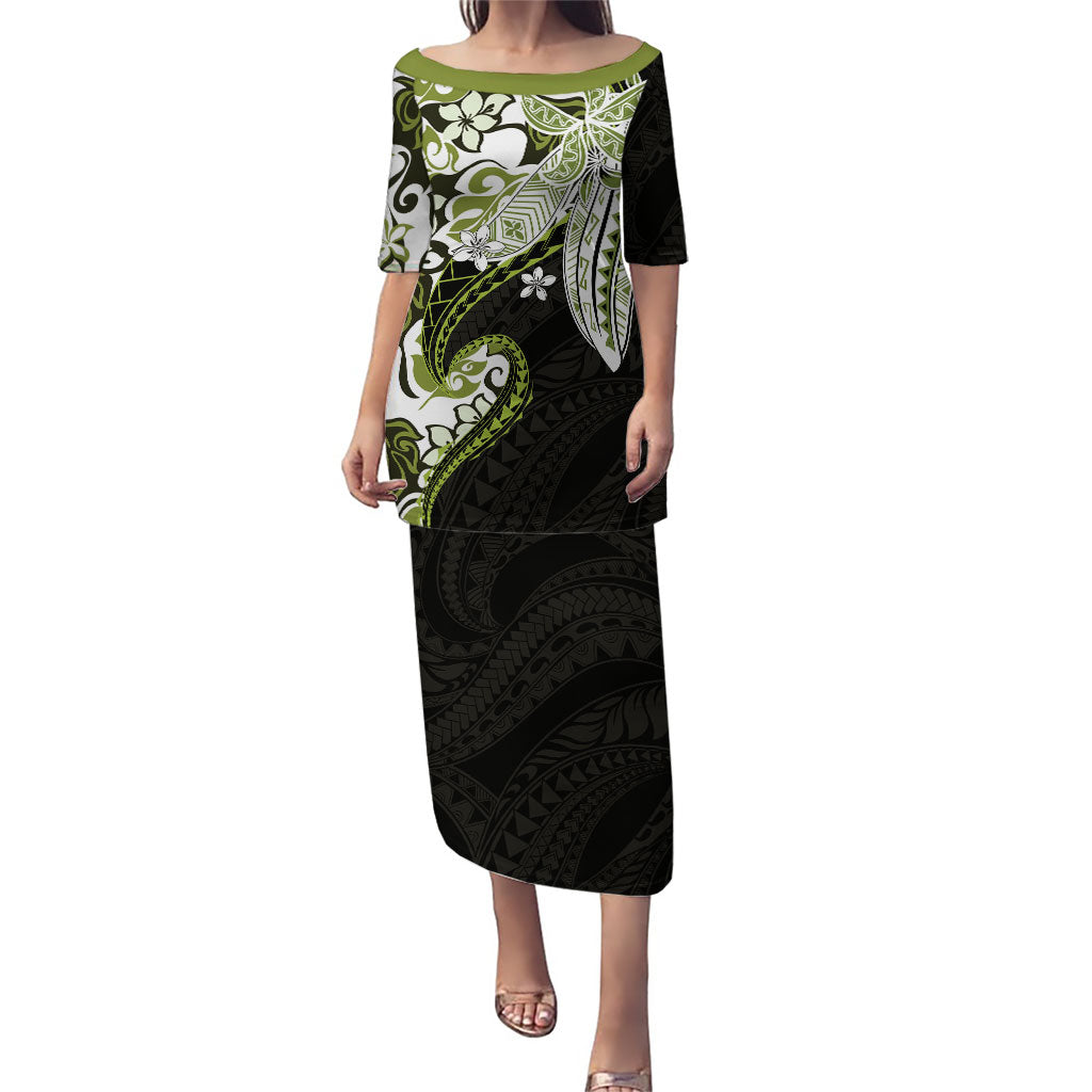 Monstera Plumeria Flowers Olive Green Puletasi Polynesian Pattern LT01 Long Dress Green - Polynesian Pride