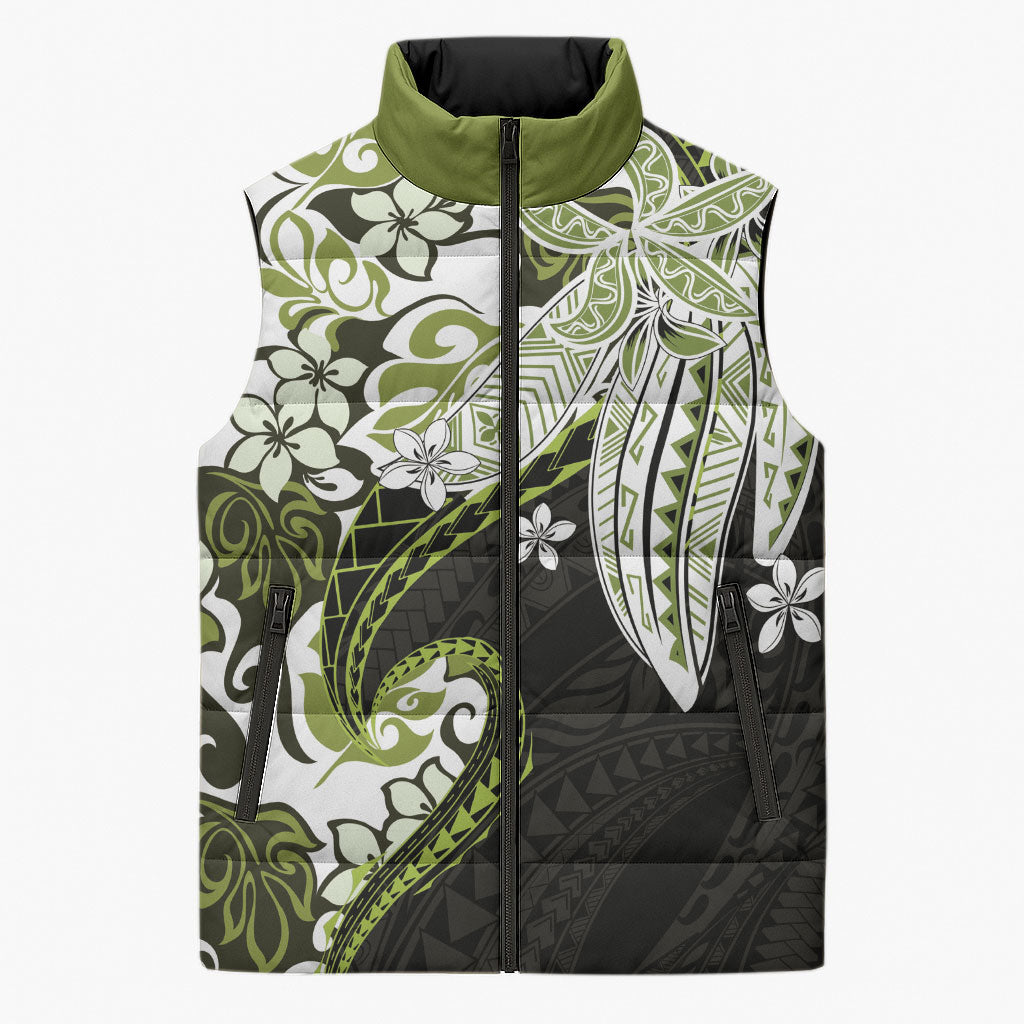 Monstera Plumeria Flowers Olive Green Sleeveless Puffer Jacket Polynesian Pattern LT01 Unisex Green - Polynesian Pride