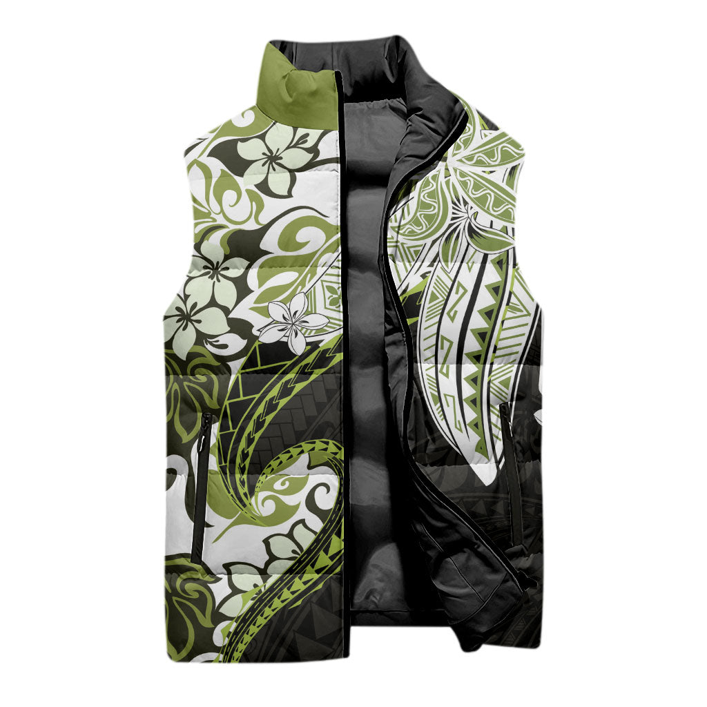 Monstera Plumeria Flowers Olive Green Sleeveless Puffer Jacket Polynesian Pattern LT01 - Polynesian Pride
