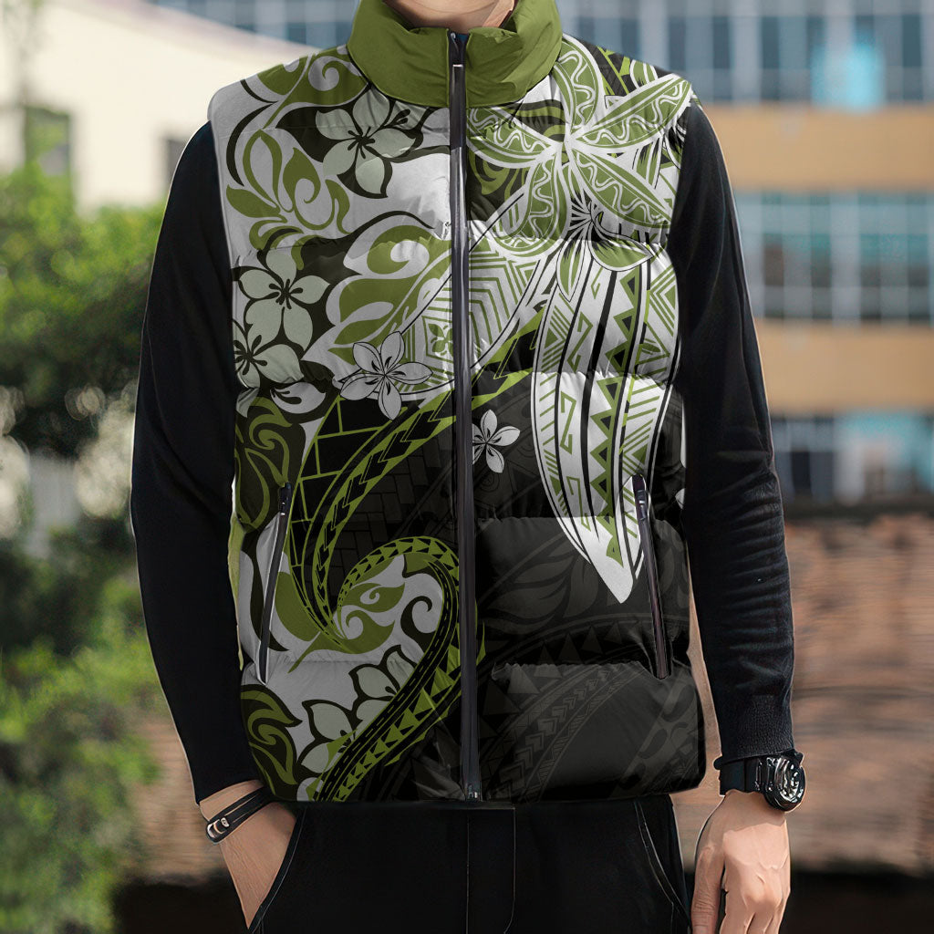 Monstera Plumeria Flowers Olive Green Sleeveless Puffer Jacket Polynesian Pattern LT01 - Polynesian Pride