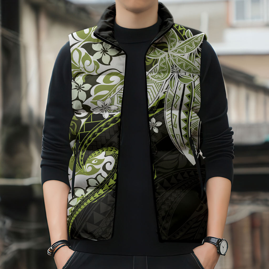 Monstera Plumeria Flowers Olive Green Sleeveless Puffer Jacket Polynesian Pattern LT01 - Polynesian Pride