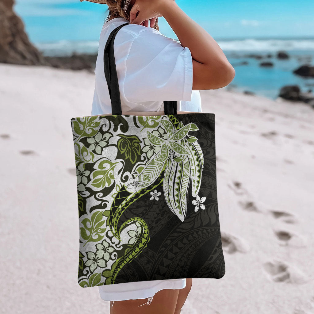 Monstera Plumeria Flowers Olive Green Tote Bag Polynesian Pattern LT01 - Polynesian Pride
