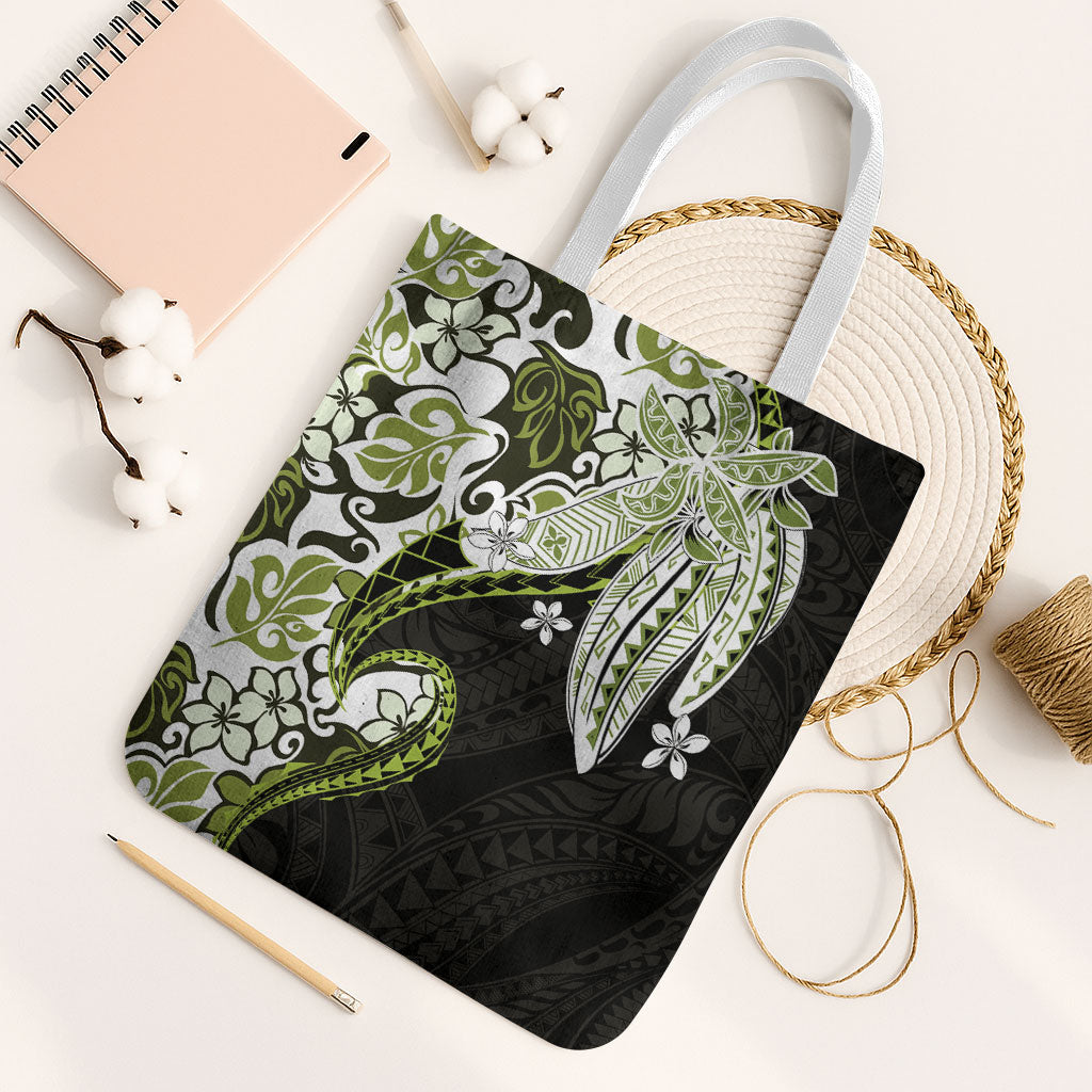 Monstera Plumeria Flowers Olive Green Tote Bag Polynesian Pattern LT01 White Strap One Size Green - Polynesian Pride