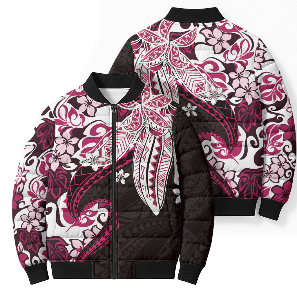 Monstera Plumeria Flowers Pink Bomber Puffer Jacket Polynesian Pattern LT01 - Polynesian Pride