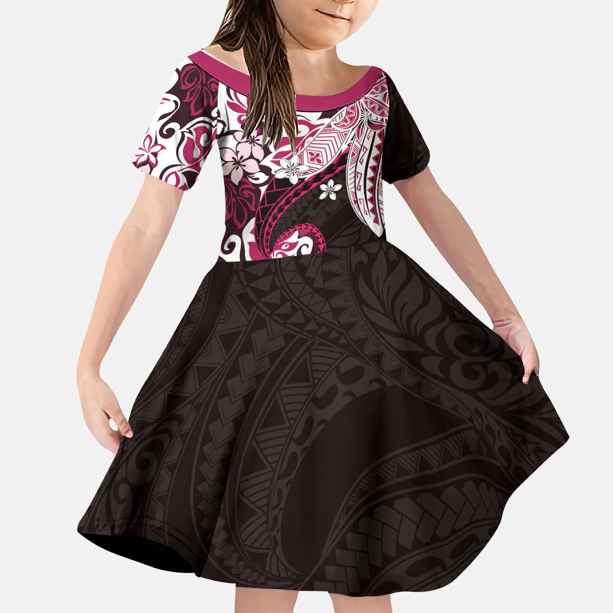 Monstera Plumeria Flowers Pink Kid Short Sleeve Dress Polynesian Pattern LT01 KID Pink - Polynesian Pride