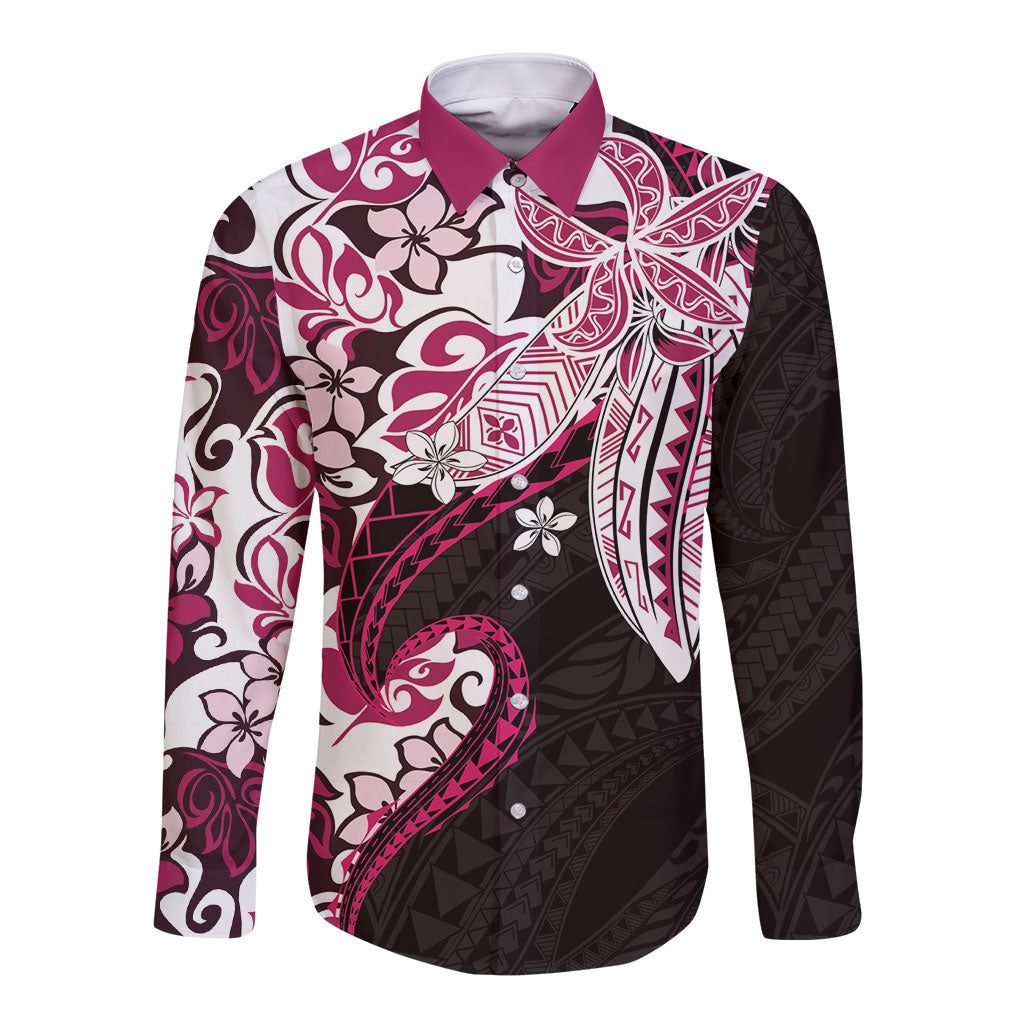 Monstera Plumeria Flowers Pink Long Sleeve Button Shirt Polynesian Pattern LT01 Unisex Pink - Polynesian Pride