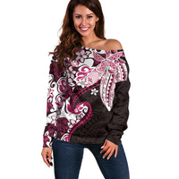 Monstera Plumeria Flowers Pink Off Shoulder Sweater Polynesian Pattern LT01 Women Pink - Polynesian Pride