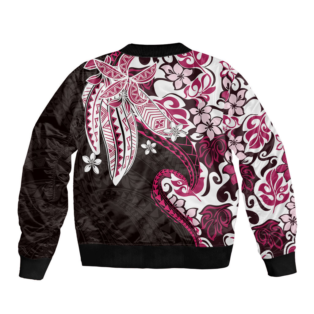 Monstera Plumeria Flowers Pink Sleeve Zip Bomber Jacket Polynesian Pattern LT01 - Polynesian Pride