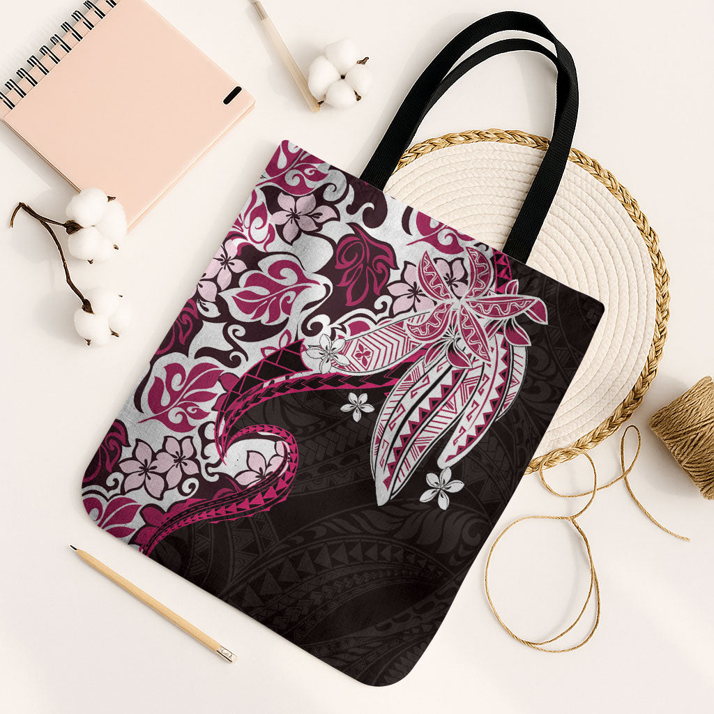 Monstera Plumeria Flowers Pink Tote Bag Polynesian Pattern LT01 Black Strap One Size Pink - Polynesian Pride