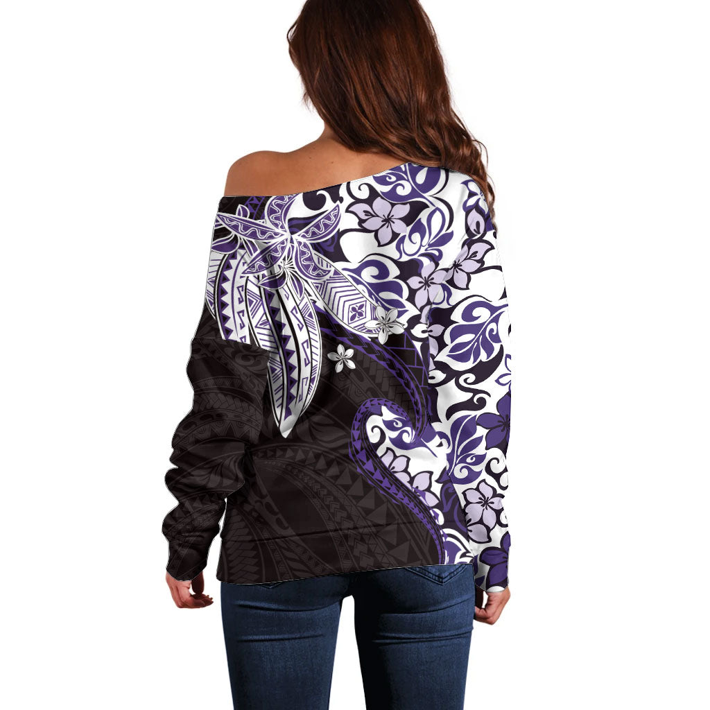 Monstera Plumeria Flowers Purple Off Shoulder Sweater Polynesian Pattern LT01 - Polynesian Pride