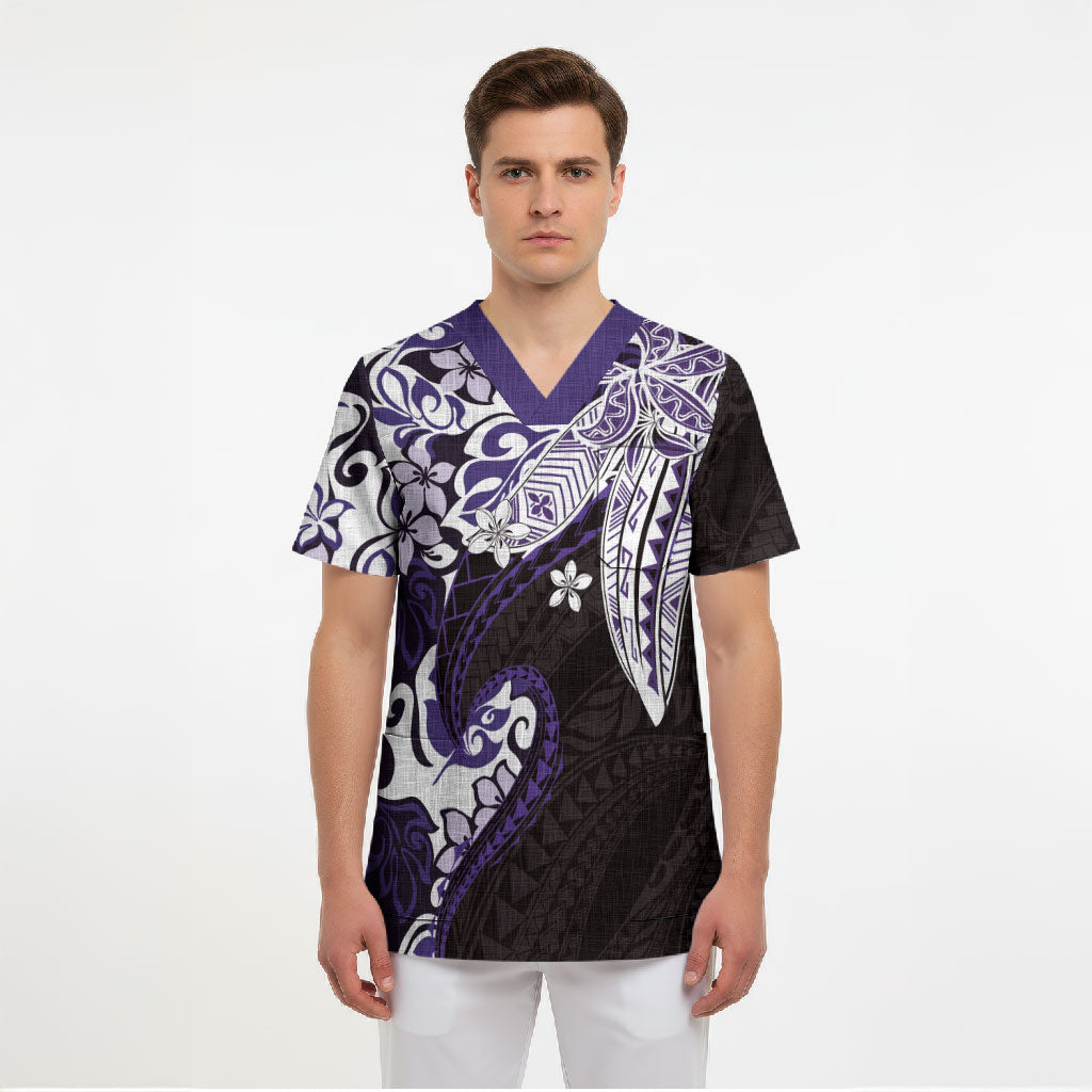 Monstera Plumeria Flowers Purple Scrub Top Polynesian Pattern LT01 - Polynesian Pride