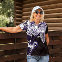 Monstera Plumeria Flowers Purple Women Polo Shirt Polynesian Pattern LT01 - Polynesian Pride