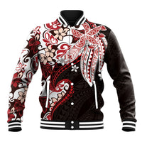 Monstera Plumeria Flowers Red Baseball Jacket Polynesian Pattern LT01 Unisex Red - Polynesian Pride