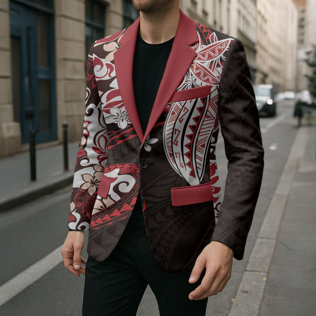 Monstera Plumeria Flowers Red Blazer Polynesian Pattern LT01 - Polynesian Pride