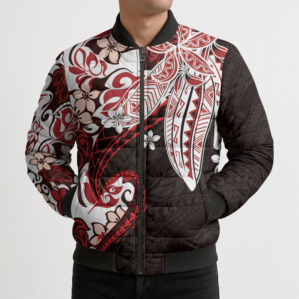 Monstera Plumeria Flowers Red Bomber Puffer Jacket Polynesian Pattern LT01 - Polynesian Pride