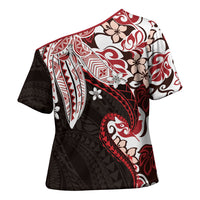 Monstera Plumeria Flowers Red Cross Shoulder Shirt Polynesian Pattern LT01 - Polynesian Pride