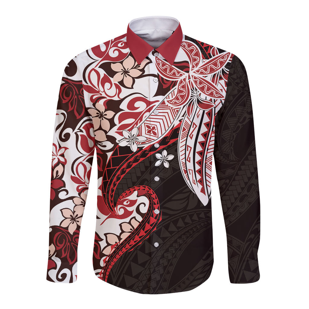 Monstera Plumeria Flowers Red Long Sleeve Button Shirt Polynesian Pattern LT01 Unisex Red - Polynesian Pride