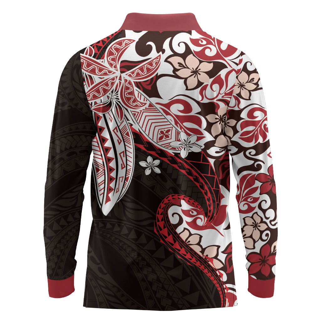 Monstera Plumeria Flowers Red Long Sleeve Polo Shirt Polynesian Pattern LT01 - Polynesian Pride