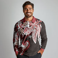 Monstera Plumeria Flowers Red Long Sleeve Polo Shirt Polynesian Pattern LT01 - Polynesian Pride