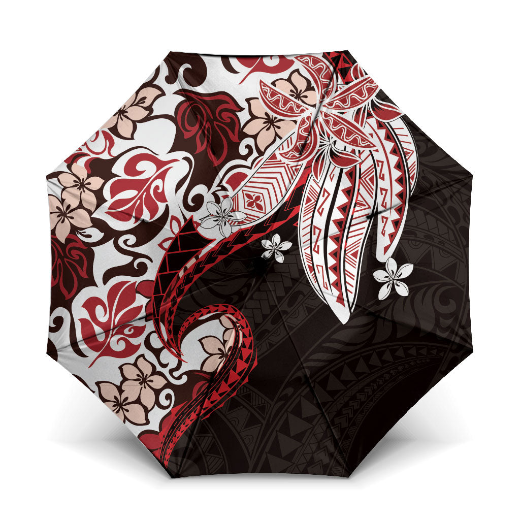Monstera Plumeria Flowers Red Umbrella Polynesian Pattern LT01 One Size Folded 11.42 inch Opened Diameter 37.4 inch Red - Polynesian Pride