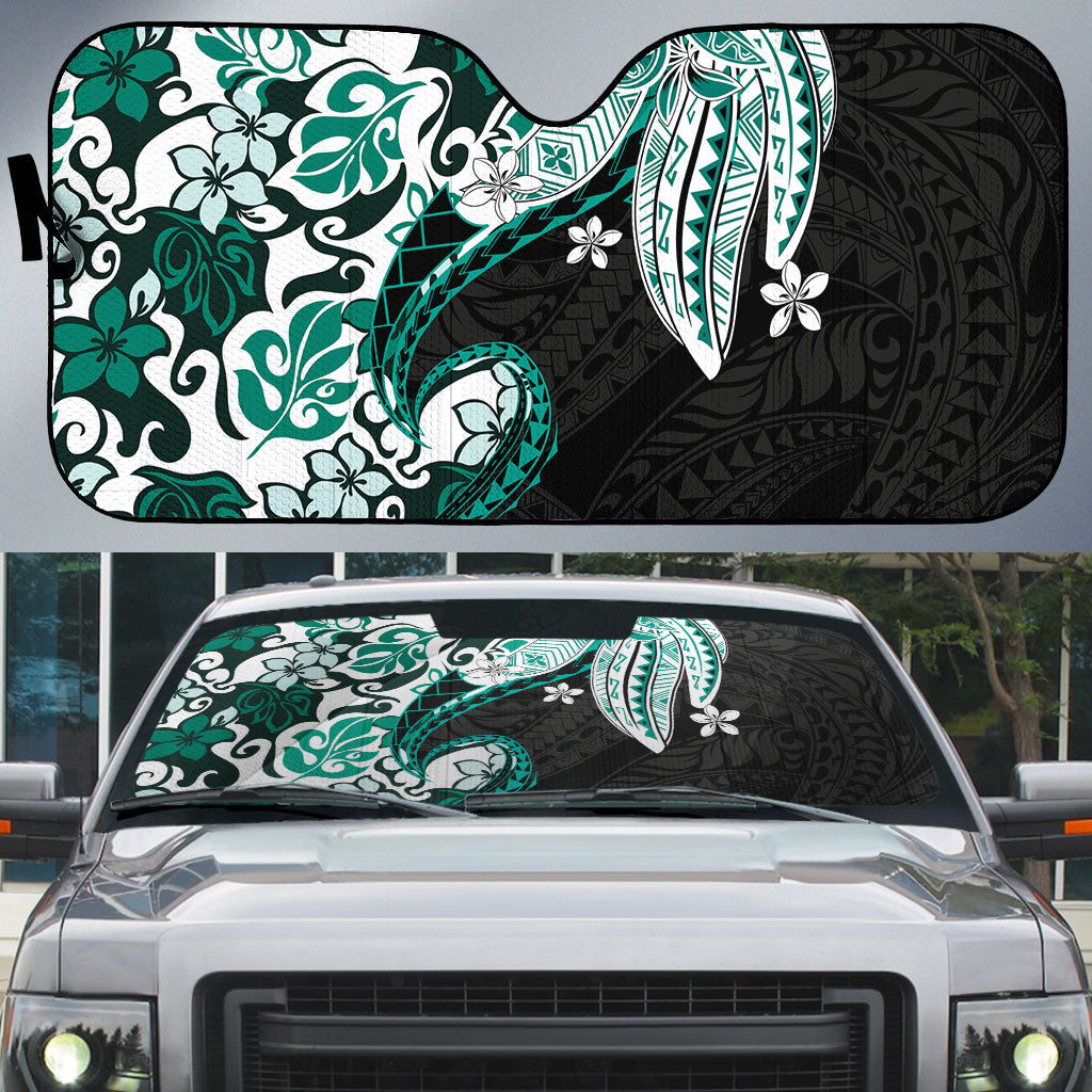 Monstera Plumeria Flowers Teal Auto Sun Shade Polynesian Pattern LT01 Teal - Polynesian Pride