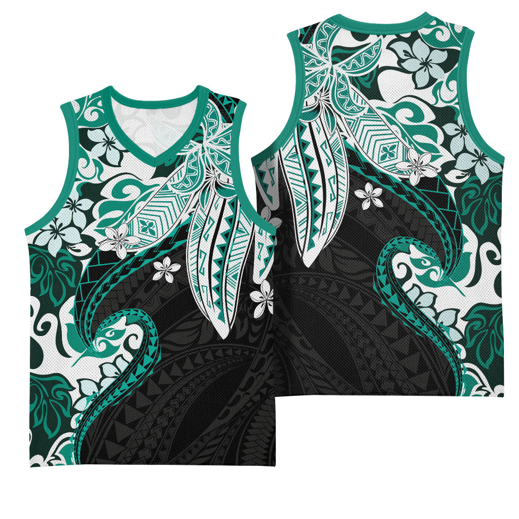 Monstera Plumeria Flowers Teal Basketball Jersey Polynesian Pattern LT01 - Polynesian Pride
