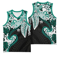 Monstera Plumeria Flowers Teal Basketball Jersey Polynesian Pattern LT01 - Polynesian Pride