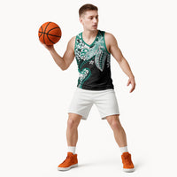 Monstera Plumeria Flowers Teal Basketball Jersey Polynesian Pattern LT01 - Polynesian Pride