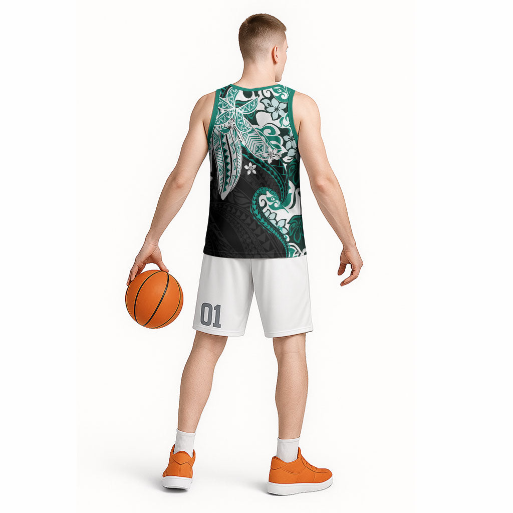 Monstera Plumeria Flowers Teal Basketball Jersey Polynesian Pattern LT01 - Polynesian Pride