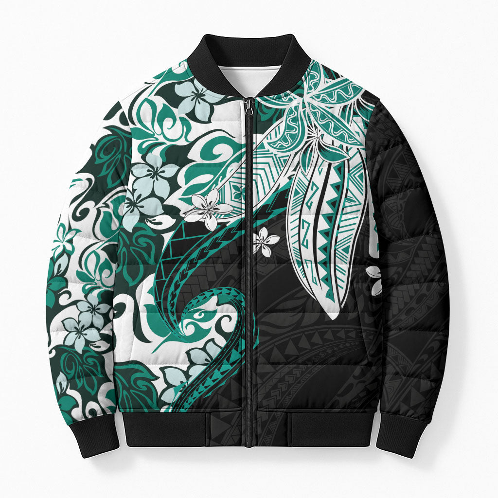 Monstera Plumeria Flowers Teal Bomber Puffer Jacket Polynesian Pattern LT01 Unisex Teal - Polynesian Pride