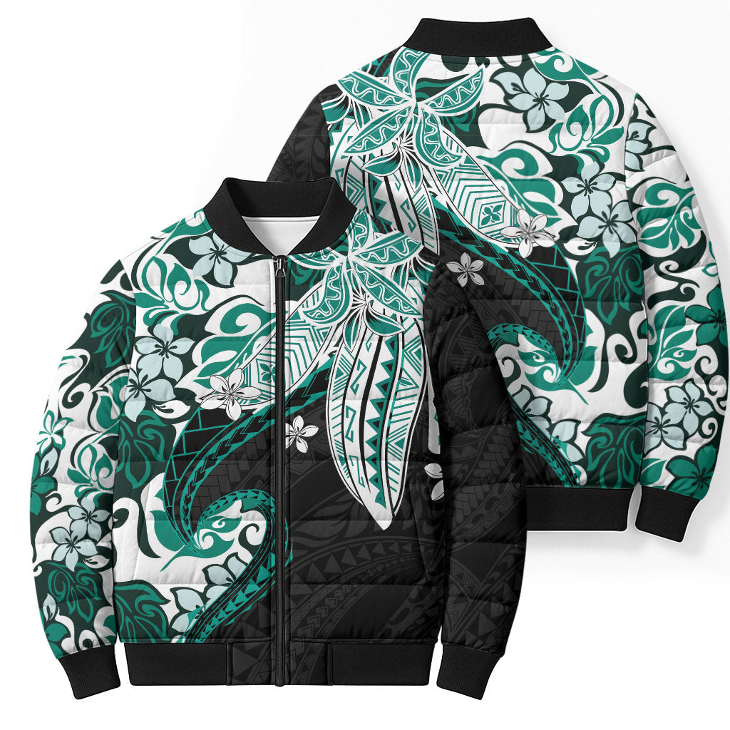 Monstera Plumeria Flowers Teal Bomber Puffer Jacket Polynesian Pattern LT01 - Polynesian Pride
